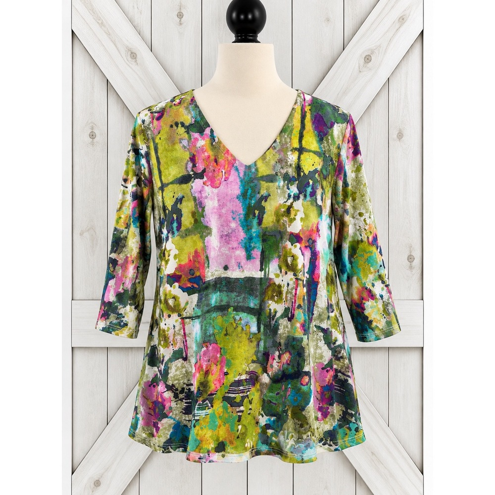 Parsley & Sage Tunic Top 2X Multicolor Fun Abstract Print V-Neck 3/4 Sleeve